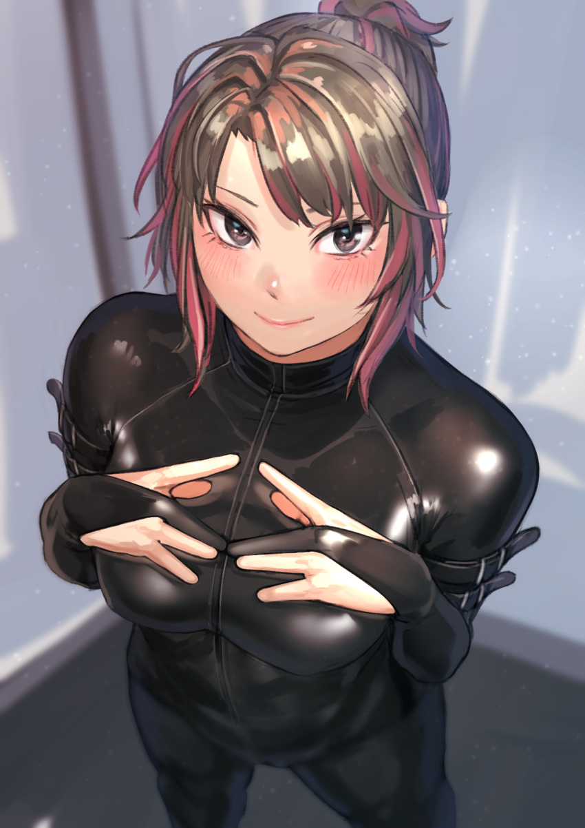 1girl blush bodysuit from_above hand_on_own_chest highres kilye_4421 latex_bodysuit looking_at_viewer looking_up multicolored_hair original ponytail skin_tight smile solo tsurime two-tone_hair