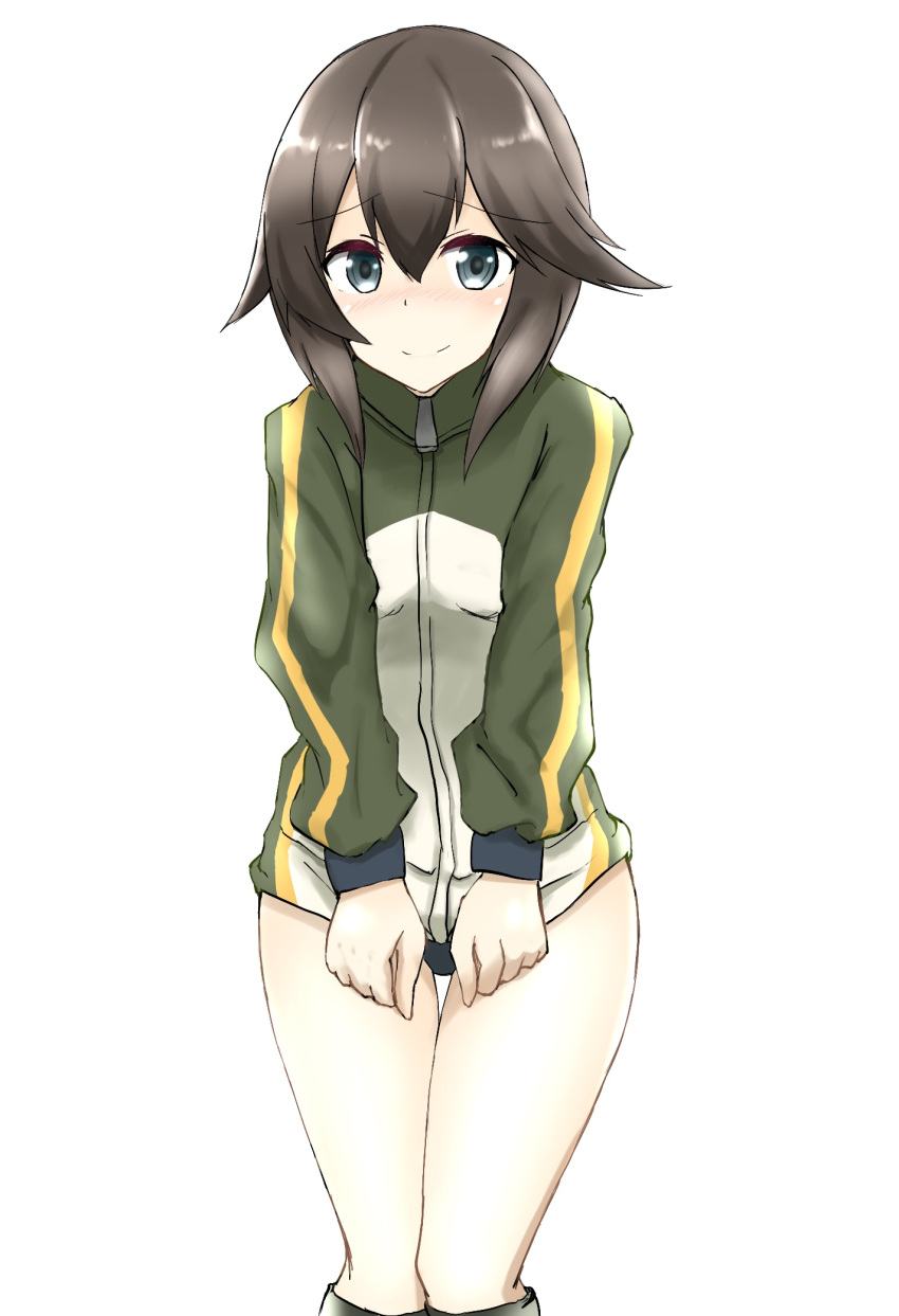 1girl black_hair commentary_request cowboy_shot grey_eyes hayasui_(kantai_collection) highres iminami_sui jacket jacket_pull kantai_collection kneehighs looking_at_viewer multicolored multicolored_clothes multicolored_jacket short_hair simple_background solo standing thigh_gap track_jacket white_background