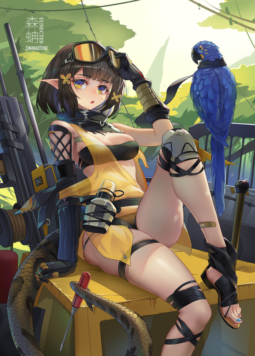 1girl arknights arm_support arm_up artist_name bandaid bandaid_on_leg bandeau bangs bird black_gloves black_hair blue_eyes blue_nails breasts commentary_request dress eunectes_(arknights) flower glasses gloves goggles goggles_on_head hair_flower hair_ornament highres looking_at_viewer multicolored multicolored_eyes parrot pointy_ears prehensile_tail sandals screwdriver see-through short_hair sidelocks sima_naoteng single_knee_pad sitting snake_tail strapless tail thigh_strap toenail_polish tubetop yellow_dress yellow_eyes