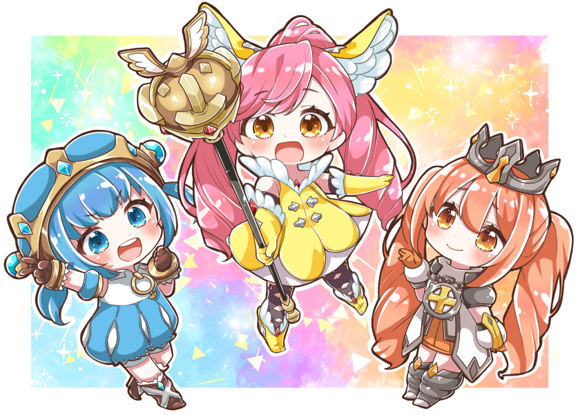 3girls :d absurdres arm_up bare_shoulders black_legwear blue_eyes blue_hair blue_headwear blue_skirt blue_sleeves blush boots brown_eyes brown_footwear brown_gloves brown_hair chain chibi closed_mouth collared_shirt commentary_request copyright_request crown detached_sleeves dress elbow_gloves fur-trimmed_gloves fur_trim gloves grey_footwear hat high_ponytail highres holding holding_staff jako_(jakoo21) multiple_girls open_mouth pink_hair puffy_short_sleeves puffy_sleeves round_teeth shirt short_sleeves skirt sleeveless sleeveless_dress sleeveless_shirt smile staff teeth thigh-highs thighhighs_under_boots twintails upper_teeth white_dress white_shirt yellow_dress yellow_footwear yellow_gloves