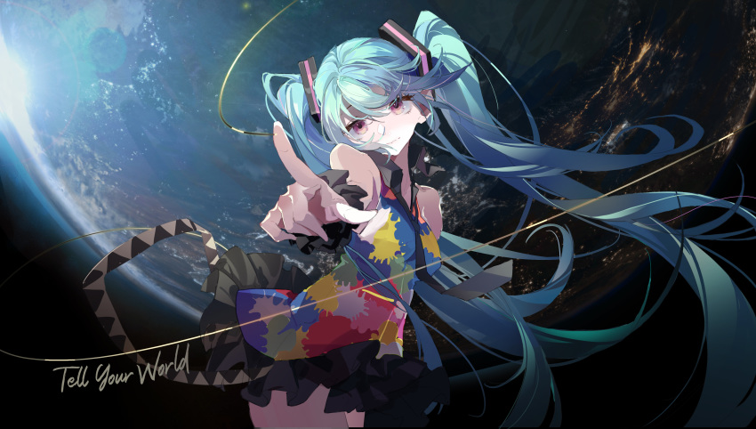 1girl absurdres aqua_hair arm_behind_back bare_shoulders belt black_background black_neckwear black_skirt commentary contrapposto cowboy_shot earth foreshortening hatsune_miku highres index_finger_raised long_hair miniskirt multicolored_shirt necktie pleated_skirt pointing pointing_at_viewer scrunchie shirt skirt sleeveless sleeveless_shirt smile solo song_name soungruan_mian_mao space string tell_your_world_(vocaloid) twintails very_long_hair violet_eyes vocaloid wrist_scrunchie