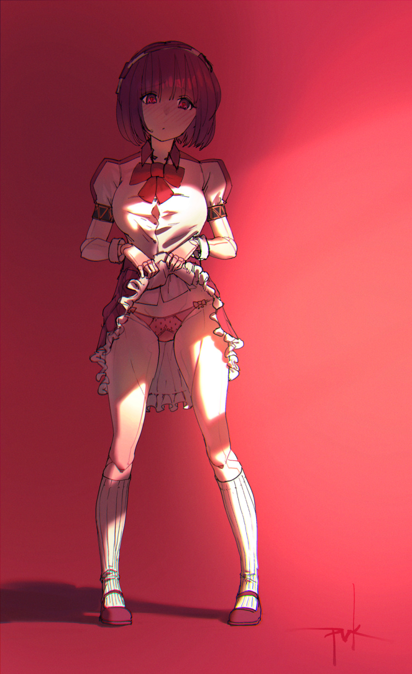 1girl android bow bowtie breasts dorothy_haze frilled_skirt frills full_body highres joints medium_breasts panties puffy_short_sleeves puffy_sleeves puk red_background red_eyes red_footwear red_neckwear red_panties red_skirt redhead robot_joints shirt short_sleeves skirt skirt_lift solo standing underwear va-11_hall-a white_shirt