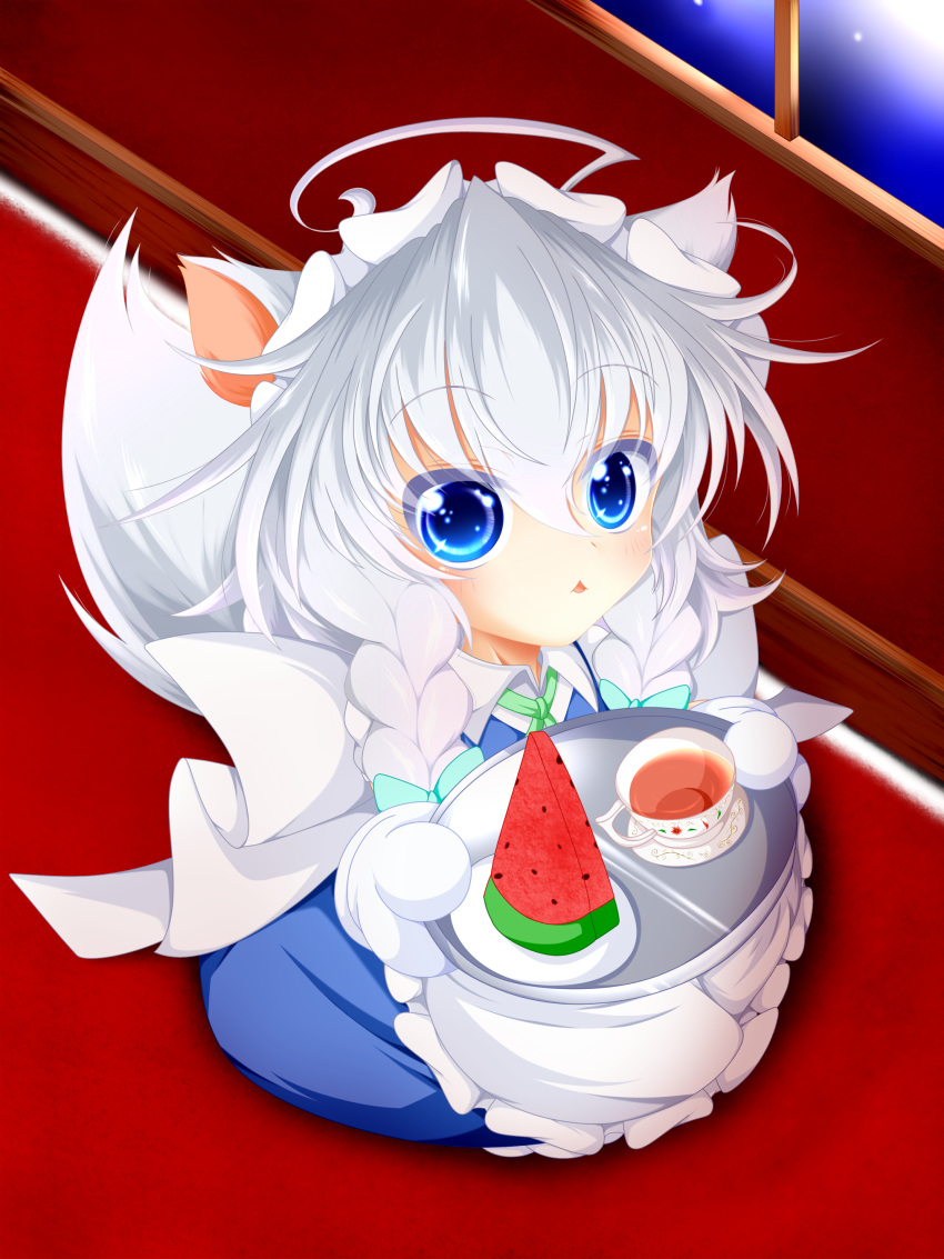 1girl absurdres ahoge animal_ears apron blue_eyes blue_skirt blue_vest braid chibi commentary_request cup dog_ears dog_tail eyebrows_visible_through_hair food fruit gloves green_neckwear hair_between_eyes highres holding holding_tray huge_ahoge indoors inu_sakuya izayoi_sakuya looking_at_viewer maid_headdress melon_slice muumuu_(sirufuruteienn) neck_ribbon night parted_lips paw_gloves paws puffy_short_sleeves puffy_sleeves red_carpet ribbon saucer shirt short_sleeves skirt solo tail teacup touhou tray triangle_mouth twin_braids vest waist_apron watermelon white_shirt window