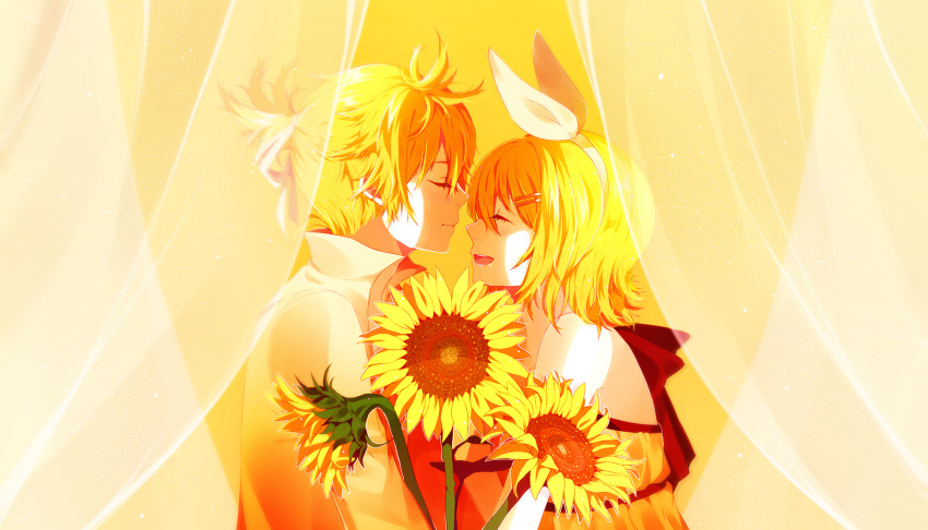 1boy 1girl ^_^ backlighting bare_arms bare_shoulders black_ribbon blonde_hair blush camisole close-up closed_eyes closed_mouth curtains eyebrows_visible_through_hair eyelashes face-to-face flower from_side hair_ornament hair_ribbon hairclip happy height_difference high_collar high_ponytail highres jitome kagamine_len kagamine_rin laughing leaf light_particles light_smile lips long_sleeves open_mouth ponytail profile ribbon savi_(byakushimc) shaded_face shirt short_hair simple_background sunflower teeth u_u upper_body vocaloid white_ribbon yellow_background yellow_camisole yellow_flower yellow_theme