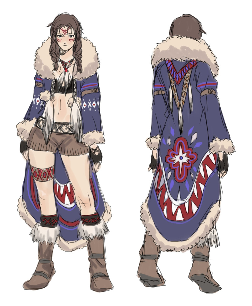 1girl alternate_costume boots braid brown_hair brown_shorts commentary concept_art english_commentary facepaint facial_mark facing_away fingerless_gloves forehead_mark full_body fur_coat fur_collar gloves hair_over_shoulder hanny_(uirusu_chan) highres inuit julia_chang midriff multiple_views namco navel shorts sketch solo tekken traditional_clothes turnaround twin_braids