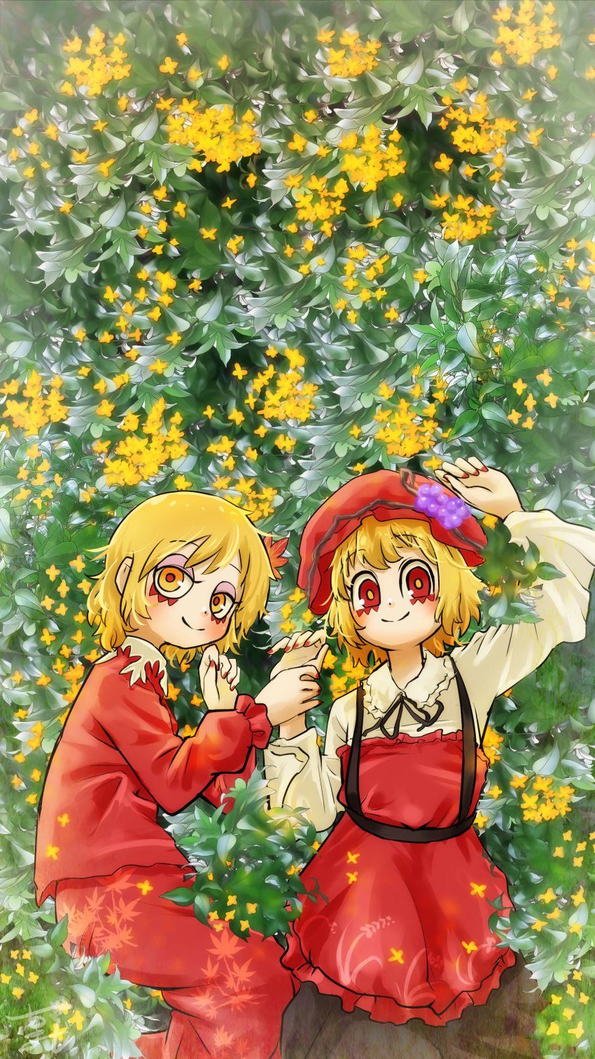 2girls absurdres aki_minoriko aki_shizuha apron blonde_hair blouse chamaji commentary_request dress eyebrows_visible_through_hair field floral_print flower flower_field food food_themed_hair_ornament fruit grape_hair_ornament grapes hair_ornament hat highres holding_hands leaf leaf_hair_ornament leaf_on_head leaf_print long_sleeves looking_at_viewer lying maple_leaf multiple_girls neck_ribbon on_ground red_dress red_eyes ribbon short_hair siblings sisters smile touhou yellow_eyes yellow_flower