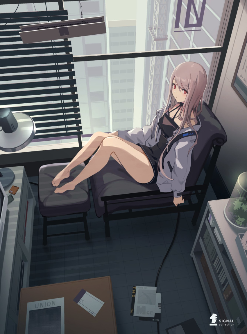 1girl black_dress brown_eyes brown_hair dress from_above highres jacket lamp looking_up original solo symbol_commentary tqtopic track_jacket window