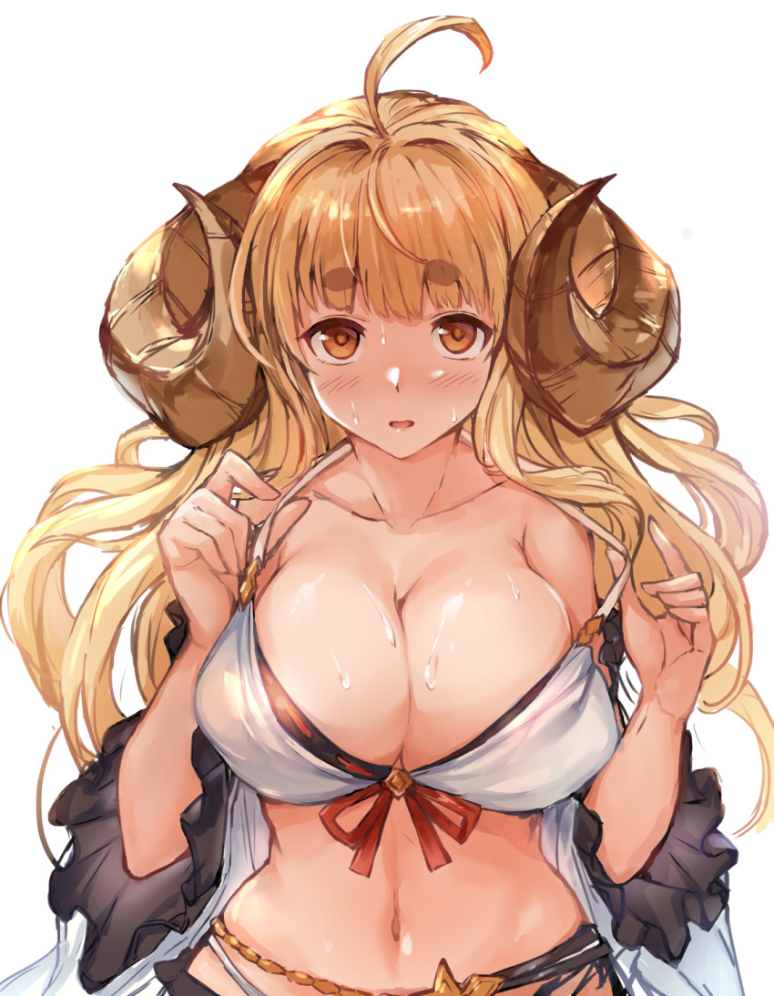 1girl ahoge anila_(granblue_fantasy) bangs belly_chain bikini blonde_hair blush breasts detached_sleeves draph fumikiri granblue_fantasy highres horns jewelry large_breasts long_hair looking_at_viewer navel sheep_horns short_eyebrows simple_background swimsuit thick_eyebrows wet white_background white_bikini wide_sleeves yellow_eyes