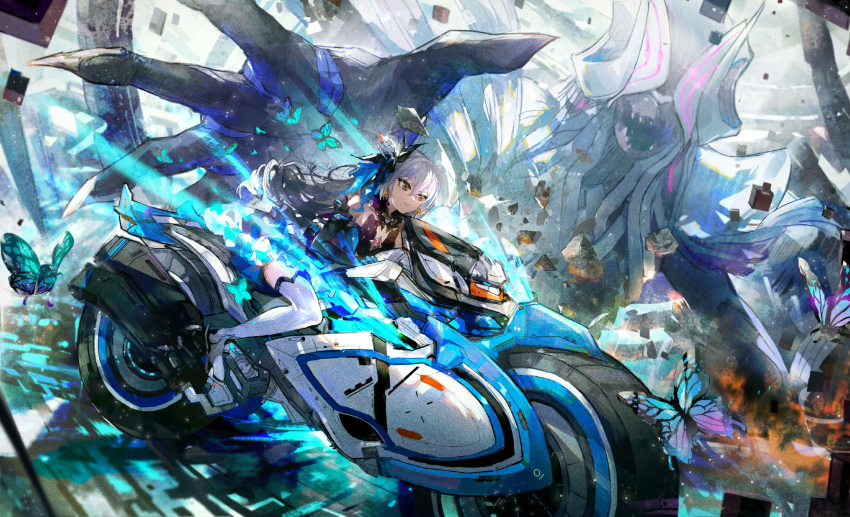 1girl bangs bare_shoulders black_dress black_gloves blue_butterfly bronya_zaychik bronya_zaychik_(herrscher_of_reason) bug butterfly closed_mouth dress drill_hair earrings elbow_gloves full_body gloves grey_eyes grey_hair ground_vehicle hair_ornament highres honkai_(series) honkai_impact_3rd jewelry long_hair motor_vehicle motorcycle project_bunny riding second-party_source solo thigh-highs twin_drills white_thighhighs zzz_(orchid-dale)