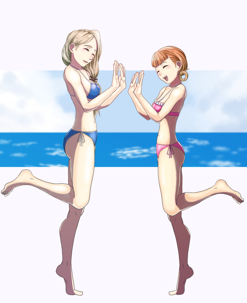 2girls annette_fantine_dominic beach bikini blonde_hair blue_bikini blush clapping closed_eyes cute fire_emblem fire_emblem:_three_houses fire_emblem:_three_houses fire_emblem_16 gzo1206 intelligent_systems long_hair mercedes_von_martritz navel nintendo nursery_rhyme_(song) ocean open_mouth orange_hair patty-cake pink_bikini playing smile sukkirito_(rangusan) summer swimsuit upper_teeth water