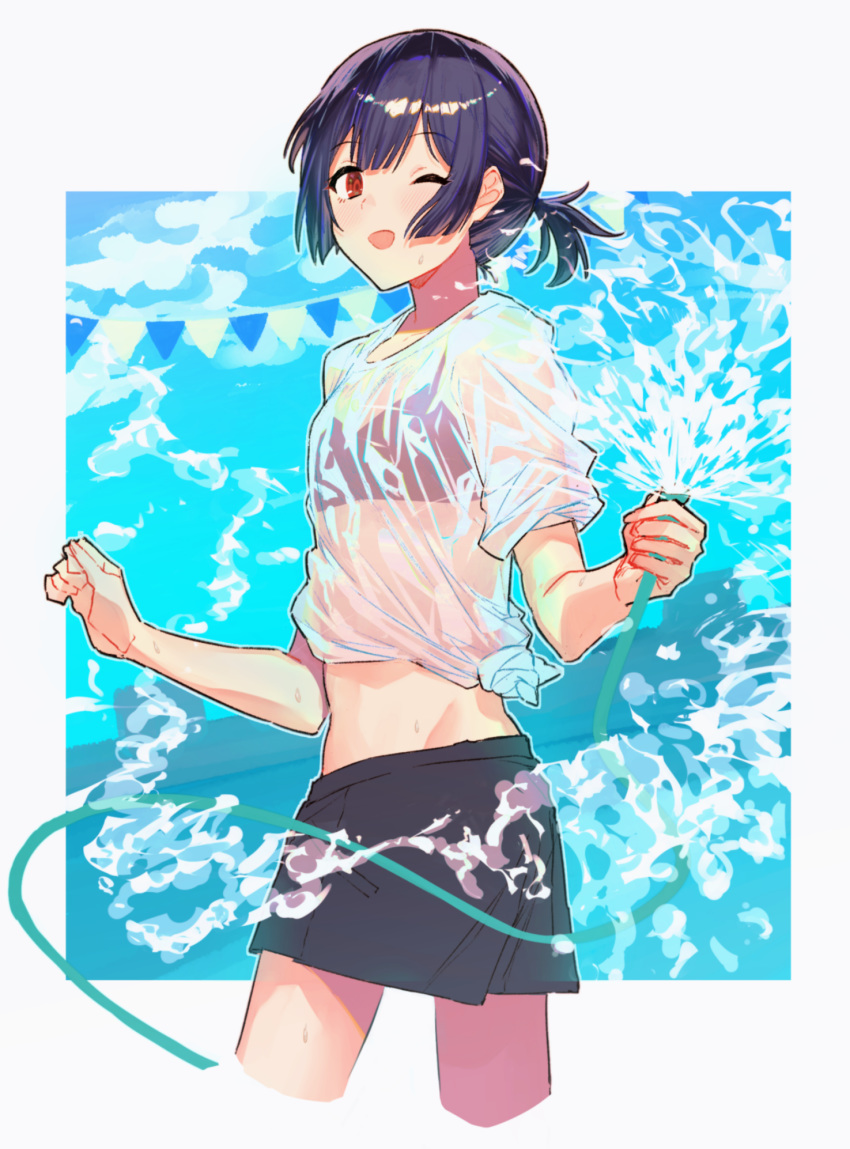 1girl :d blue_hair blush eyebrows_visible_through_hair highlights highres hip_bones hose idolmaster idolmaster_shiny_colors midriff morino_rinze multicolored_hair one_eye_closed open_mouth red_eyes shirt short_ponytail sidelocks skirt smile solo streamers tank_top tied_shirt upper_body water wet wet_clothes wet_shirt yomizu