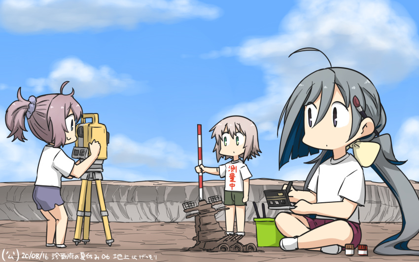 3girls ahoge alternate_costume aoba_(kantai_collection) blue_sky clothes_writing clouds day green_eyes green_shorts grey_eyes grey_hair hair_between_eyes hair_bun hamu_koutarou highres indian_style jar kantai_collection kiyoshimo_(kantai_collection) low_twintails multiple_girls outdoors paintbrush pole ponytail purple_shorts rock sculpture shimushu_(kantai_collection) shirt short_hair shorts silver_hair sitting sky t-shirt theodolite translated twintails white_shirt