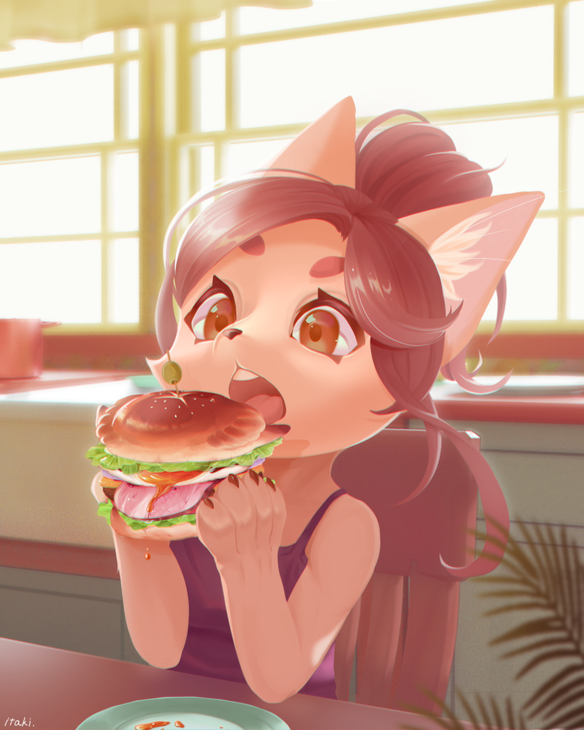 1girl absurdres animal_ear_fluff animal_ears animal_nose artist_name bare_shoulders brown_eyes brown_fur brown_hair cat cat_ears cat_girl cheese claws commentary english_commentary food furry ham hamburger highres holding holding_food itakinomaturi lettuce long_hair olive open_mouth original paws plant plate ponytail pot sitting snout solo table tomato toothpick window