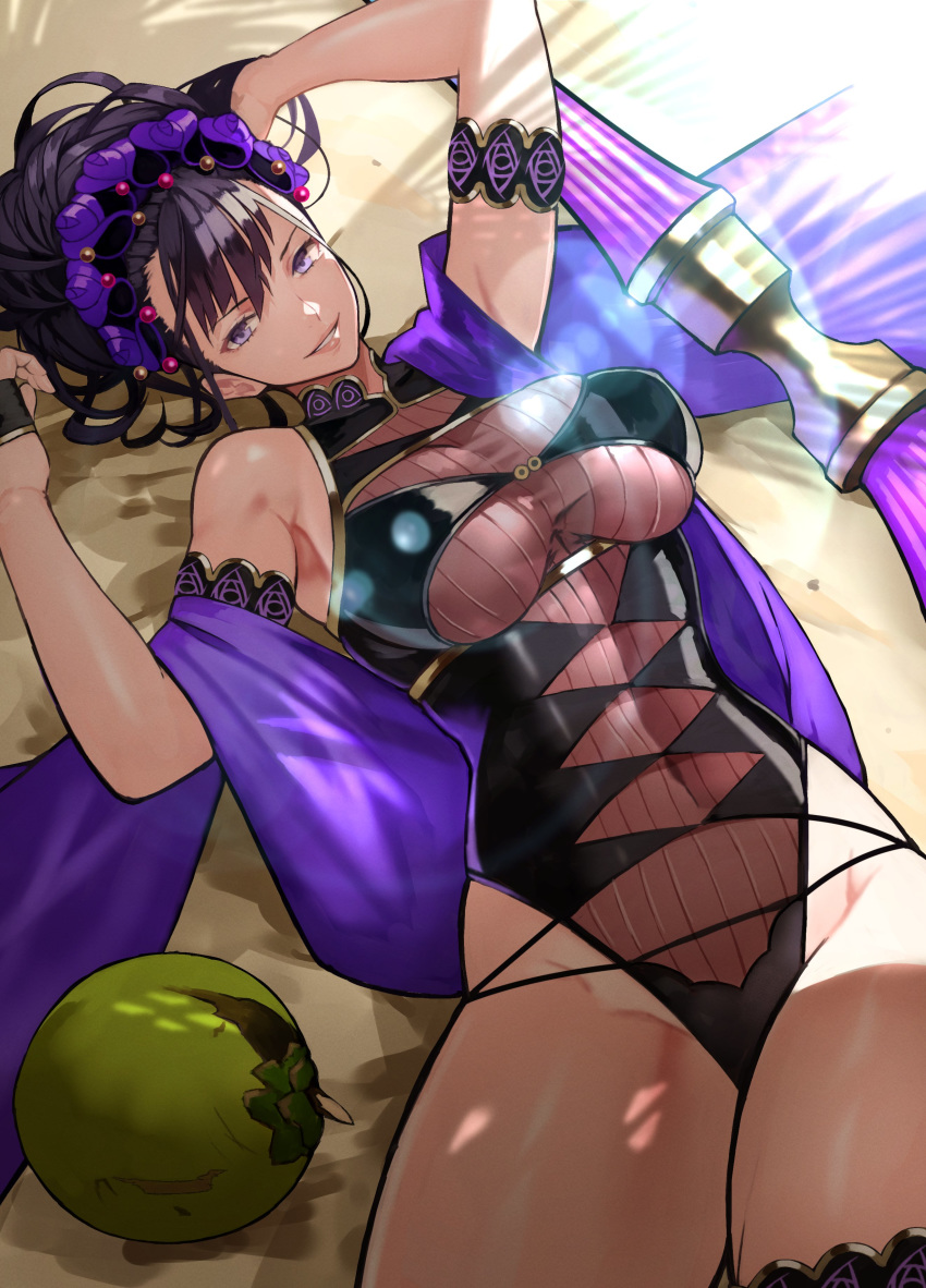 1girl absurdres armlet arms_up bangs bare_shoulders black_gloves black_swimsuit breasts covered_navel fate/grand_order fate_(series) fingerless_gloves flower gloves hair_flower hair_ornament hair_up half_gloves highleg highleg_swimsuit highres large_breasts long_hair looking_at_viewer lying murasaki_shikibu_(fate) murasaki_shikibu_(swimsuit_rider)_(fate) on_back one-piece_swimsuit oversized_object pen purple_hair shawl smile swimsuit thighs tied_hair violet_eyes yoshio_(55level)