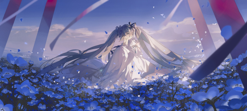 1girl absurdres ahoge aqua- blue_flower day dress eyebrows_visible_through_hair flower hair_between_eyes hatsune_miku highres long_hair looking_at_viewer outdoors revision sitting sky solo twintails very_long_hair vocaloid