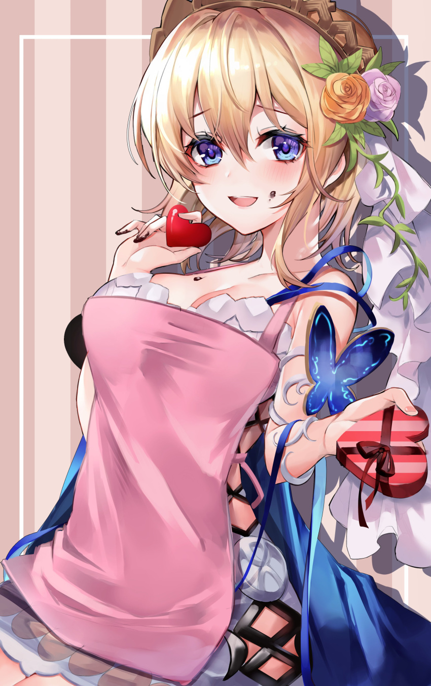 1girl 40_(0f0urw) :d absurdres apron bangs blonde_hair blue_cape blue_eyes blue_ribbon blush box breasts cape chocolate chocolate_on_breasts chocolate_on_face chocolate_on_fingers commentary_request dress europa_(granblue_fantasy) eyebrows_visible_through_hair flower food food_on_face gift gift_box granblue_fantasy hair_between_eyes hair_flower hair_ornament heart heart-shaped_box highres holding holding_gift holding_heart looking_at_viewer medium_breasts medium_hair open_mouth orange_flower orange_rose pink_apron pink_flower pink_rose ribbon rose sitting smile solo tiara white_dress