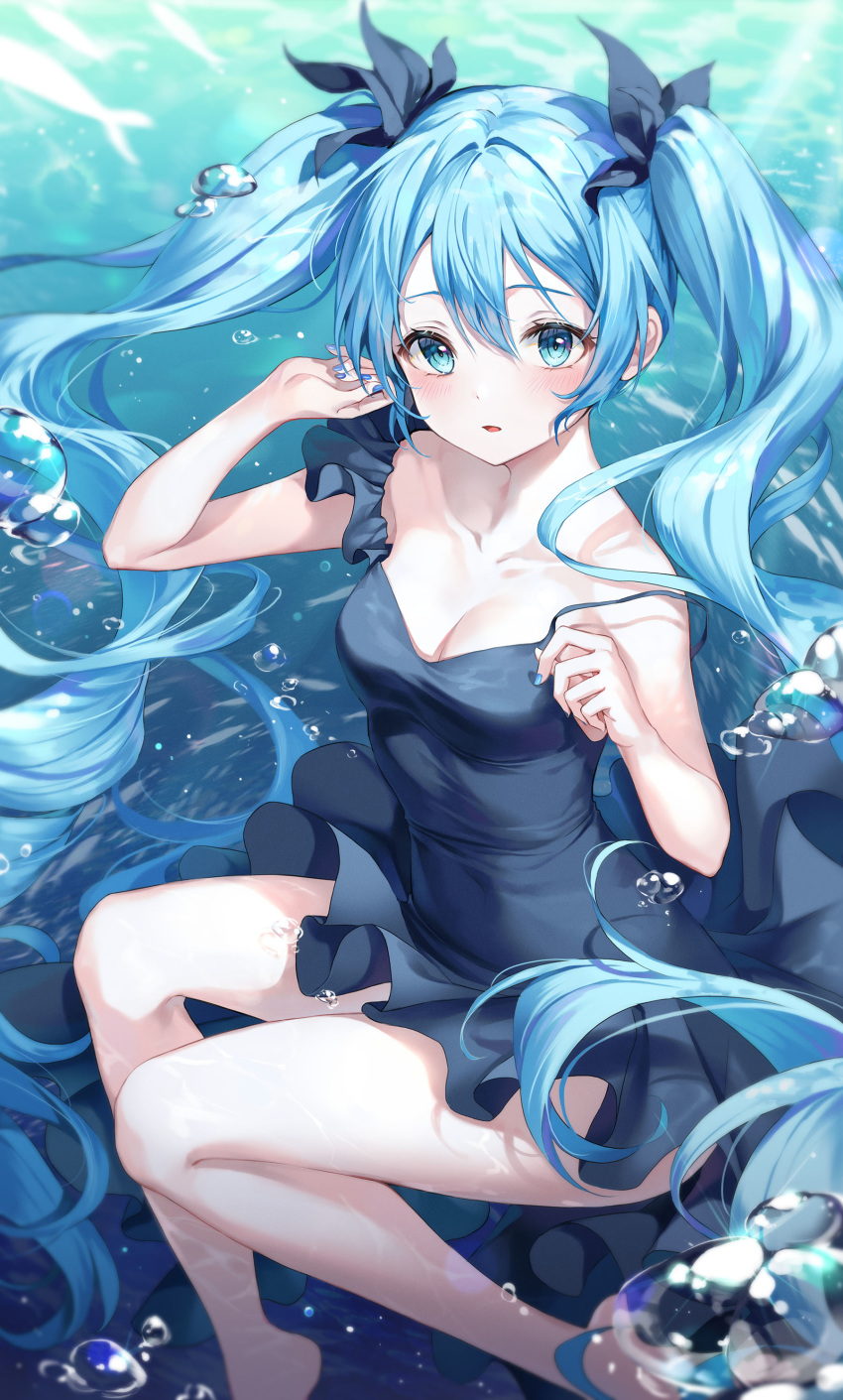1girl absurdres air_bubble bare_legs black_dress blue_eyes blue_hair blue_theme bow breasts bubble collarbone dress floating_hair freediving hair_between_eyes hair_bow hands_up hatsune_miku highres long_hair looking_at_viewer nail_polish parted_lips r_o_ha sidelocks sleeveless sleeveless_dress small_breasts solo twintails underwater very_long_hair vocaloid water