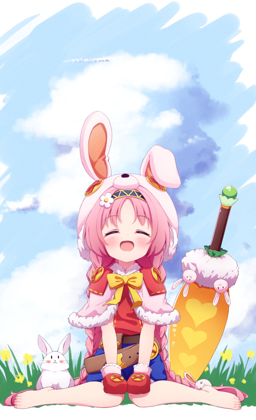 &gt;_&lt; 1girl animal animal_ears animal_hat bangs barefoot black_hairband blue_shorts blue_sky blush bow braid bunny_hair_ornament bunny_hat capelet closed_eyes clouds cloudy_sky day earmuffs eyebrows_visible_through_hair facing_viewer fake_animal_ears flower fur-trimmed_capelet fur_trim hair_flower hair_ornament hairband hat highres long_hair mimi_(princess_connect!) mittens open_mouth outdoors parted_bangs pink_capelet pink_hair planted_sword planted_weapon princess_connect! princess_connect!_re:dive puffy_shorts rabbit rabbit_ears red_mittens red_shirt setmen shirt short_shorts shorts sitting sky solo sword twin_braids twintails very_long_hair wariza weapon white_flower yellow_bow