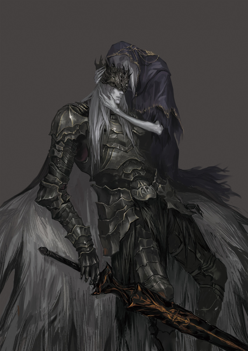 2boys absurdres ambiguous_gender armor brothers cape commentary_request crown dark_souls_iii full_armor gauntlets greaves grey_background grey_hair helmet highres holding holding_sword holding_weapon hood long_hair lorian_(elder_prince) lothric_(younger_prince) male_focus multiple_boys pale_skin pauldrons pilgrim_(silentreverie) robe shoulder_armor siblings silver_hair simple_background souls_(from_software) standing sword weapon white_hair