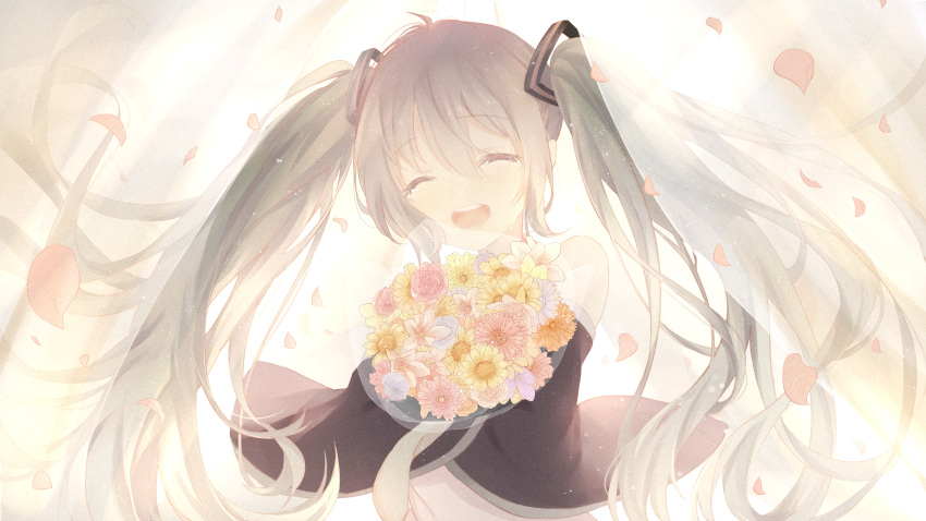 1girl ^_^ absurdres backlighting bare_shoulders blue_flower blue_hair blue_neckwear blue_rose bouquet closed_eyes clothes_lift commentary_request crying curtains daisy detached_sleeves eyebrows_visible_through_hair eyelashes floating_hair flower flower_request hair_between_eyes happy happy_tears haru_(re_ilust) hatsune_miku headset highres holding holding_bouquet huge_filesize light_particles light_rays lily_(flower) long_hair necktie no_nose open_mouth orange_flower petals pink_flower purple_flower red_flower rose shirt sidelocks solo streaming_tears sunflower sunlight tareme tears teeth twintails upper_body upper_teeth vocaloid wind wind_lift yellow_flower