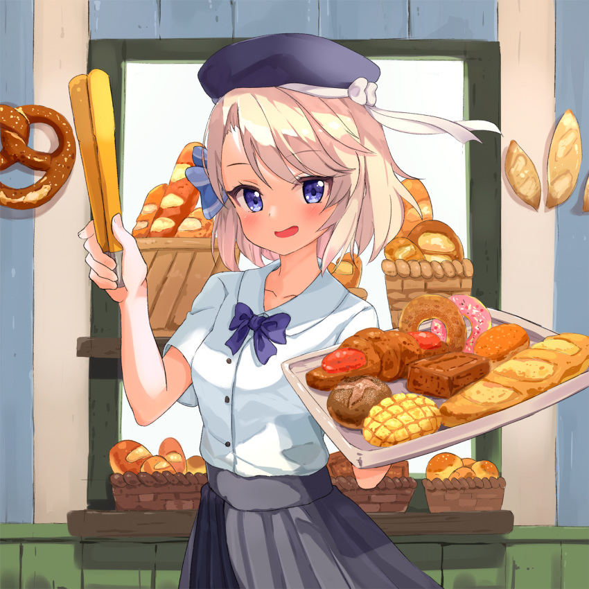 1girl ame. azur_lane baguette beret black_headwear black_skirt blush bow bread breasts collarbone collared_shirt commentary_request doughnut dress_shirt food hand_up hat highres holding holding_tray indoors light_brown_hair looking_at_viewer open_mouth pleated_skirt pretzel purple_bow shirt skirt small_breasts smile solo standing tongs tray violet_eyes white_shirt z23_(azur_lane)