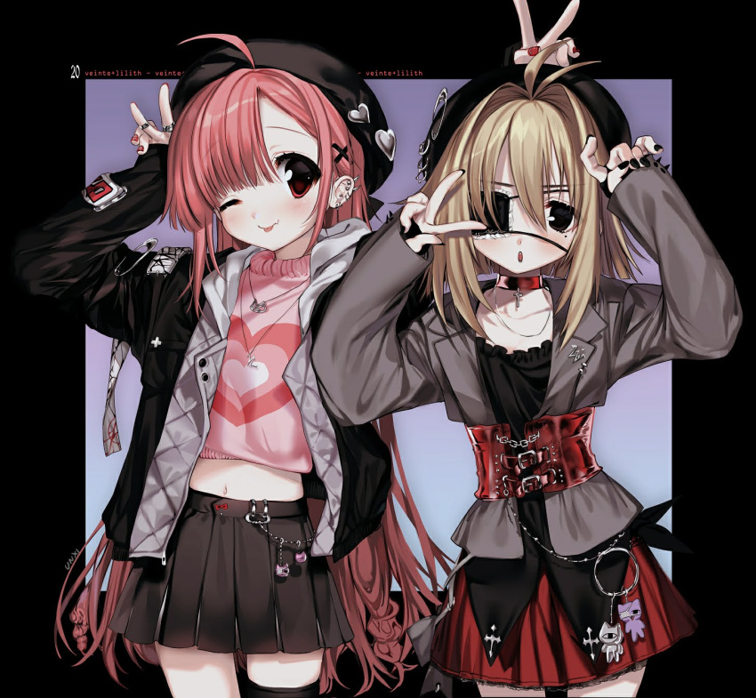 2girls bad_id bad_twitter_id collar corset eyepatch highres intestine_hair lilith_(unxi) mole multiple_girls original pink_hair red_eyes tagme unxi veinte