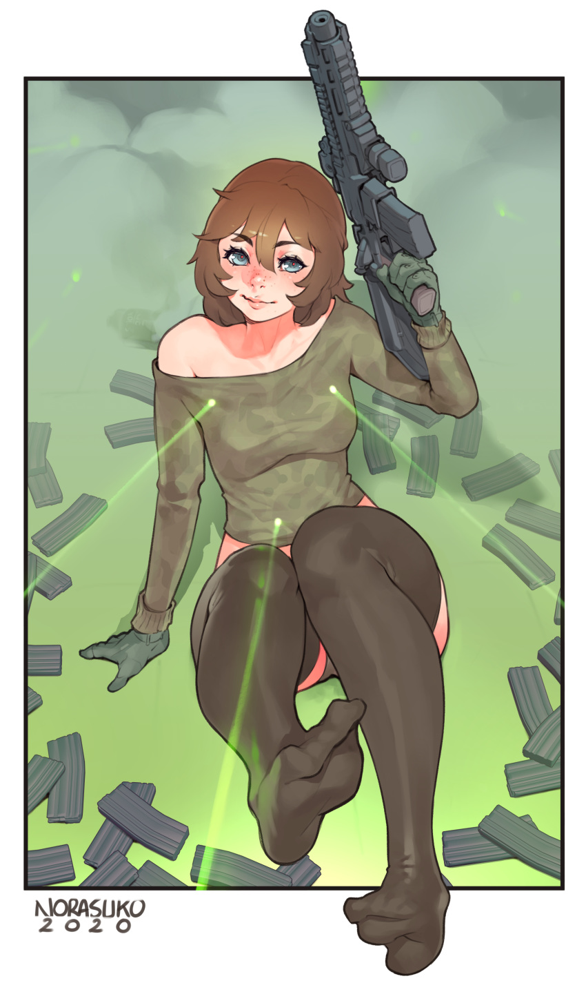 1girl 2020 absurdres artist_name assault_rifle black_legwear black_shorts blue_eyes border borrowed_character breasts brooke_(mathias_leth) brown_hair commentary english_commentary eyebrows_visible_through_hair freckles full_body gloves green_gloves gun hair_between_eyes highres holding holding_gun holding_weapon laser_sight lips magazine_(weapon) medium_hair midriff no_shoes norasuko nose off-shoulder_sweater off_shoulder original outside_border rifle short_shorts shorts small_breasts solo sweater thigh-highs toe_scrunch trigger_discipline weapon white_border