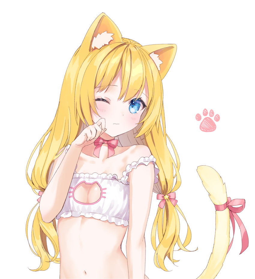 1girl animal_ears bangs bare_shoulders blonde_hair blue_eyes blush cat_cutout cat_ears cat_lingerie cat_tail cleavage_cutout collarbone copyright_request eyebrows_visible_through_hair flat_chest hair_ribbon highres looking_at_viewer meme_attire navel off_shoulder one_eye_closed paw_print ribbon rimo simple_background solo tail twintails white_background
