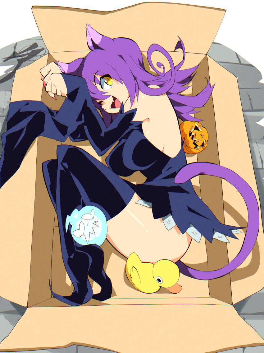 1girl :d absurdres aetherion animal_ears bare_shoulders black_dress black_legwear blair_(soul_eater) box breasts cardboard_box cat_ears cat_girl cat_tail detached_sleeves dress eyebrows_visible_through_hair fang fingernails full_body hat highres in_box in_container jack-o'-lantern large_breasts long_hair looking_at_viewer lying microdress on_side paw_pose pink_nails pumpkin purple_hair rubber_duck sharp_fingernails smile solo soul_eater tail thigh-highs witch witch_hat