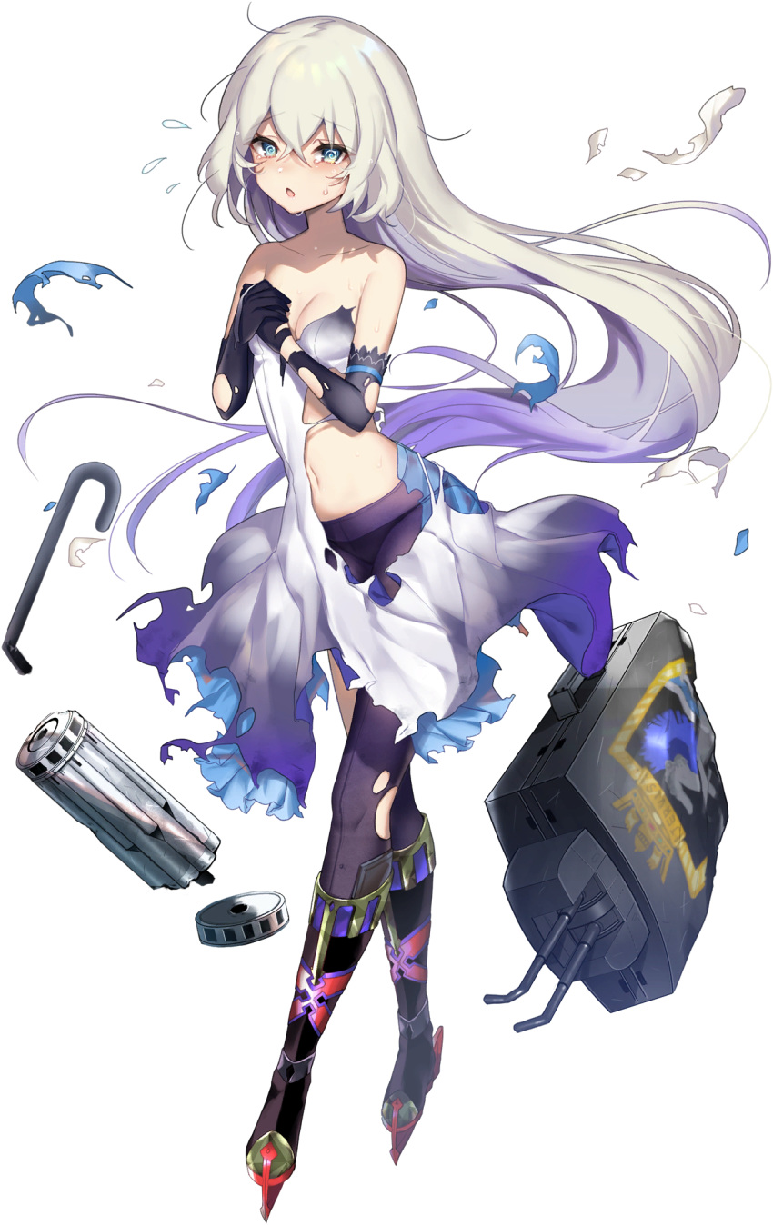 1girl @_@ artist_request bangs blue_eyes blue_oath blush boots breasts covering covering_breasts crossed_bangs dress elbow_gloves flying_sweatdrops gloves gradient_hair grey_hair hair_between_eyes highres jervis_(blue_oath) knee_boots long_hair multicolored_hair navel official_art open_mouth pantyhose purple_hair purple_legwear rigging small_breasts solo tears torn_clothes torn_dress torn_legwear transparent_background very_long_hair white_dress