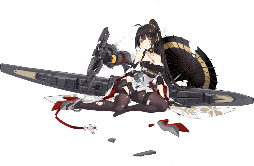 1girl ahoge akagi_(blue_oath) artist_request bangs black_gloves black_hair black_legwear blue_oath blunt_bangs blush breasts brown_eyes closed_mouth damaged detached_sleeves gloves hair_ribbon highres katana long_hair medium_breasts official_art oriental_umbrella pantyhose ponytail ribbon rigging rudder_footwear sitting smoke solo sword tears thighband_pantyhose torn_clothes torn_legwear transparent_background umbrella weapon