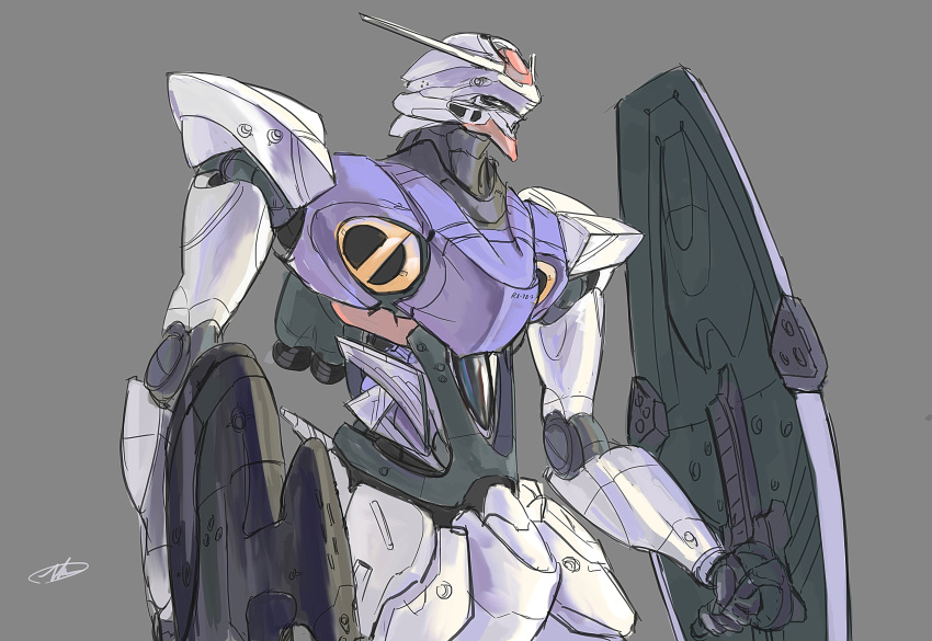 absurdres andrew_leung grey_background grey_eyes gun gundam highres holding holding_gun holding_shield holding_weapon mecha mobile_suit_gundam no_humans redesign rx-78-2 shield solo upper_body v-fin weapon