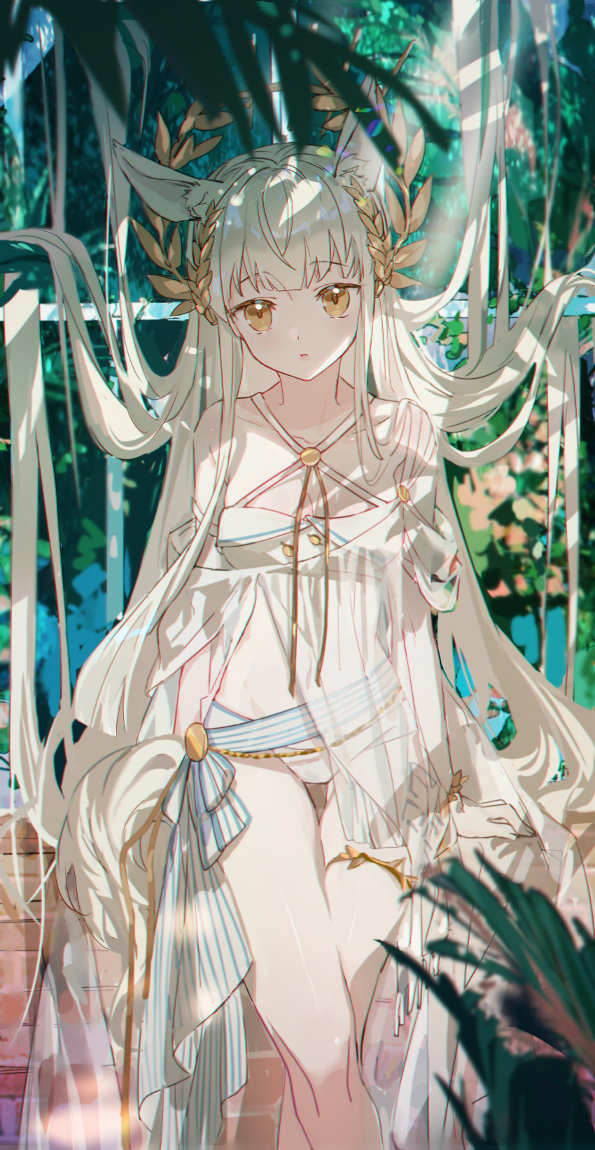 1girl absurdres animal_ears arknights bangs bikini brown_eyes commentary_request criss-cross_halter eyebrows_visible_through_hair feet_out_of_frame halterneck highres kanose laurel_crown long_hair looking_at_viewer navel platinum_(arknights) see-through silver_hair solo stomach swimsuit thighs very_long_hair white_bikini