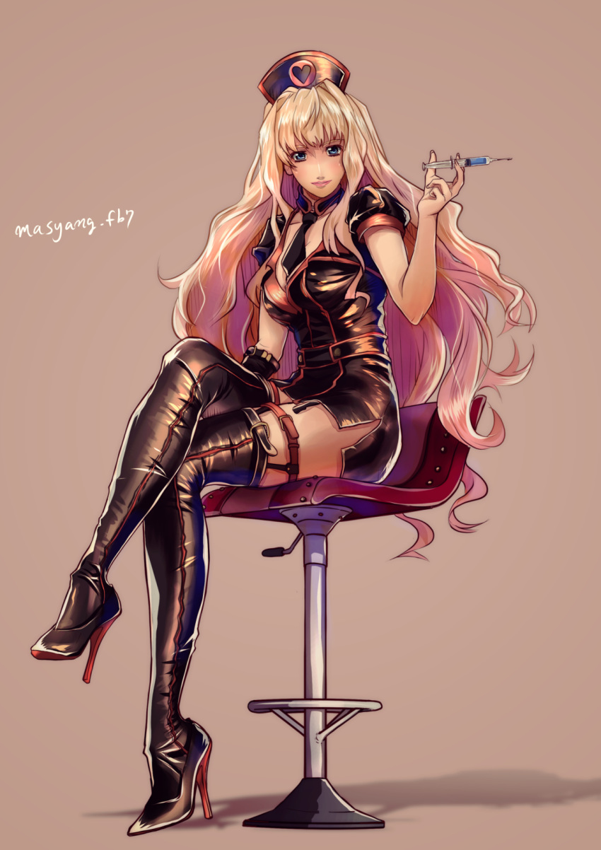 1girl alternate_costume blonde_hair blue_eyes boots crossed_legs hat highres long_hair looking_at_viewer macross macross_frontier nurse nurse_cap ryu_(masu_nantoka-san) sheryl_nome sitting solo syringe thigh-highs thigh_boots very_long_hair