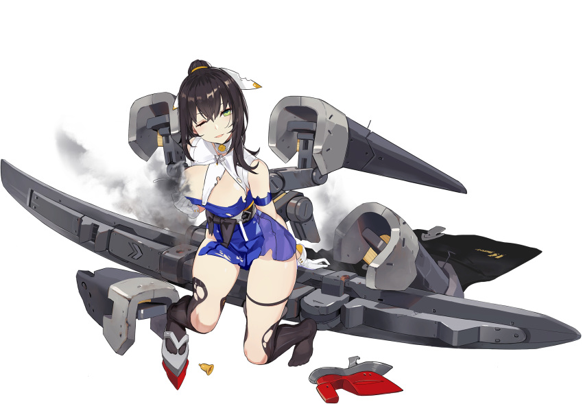 1girl artist_request bangs bell black_hair black_legwear blue_dress blue_oath breasts damaged dress gloves green_eyes hair_ribbon highres kaga_(blue_oath) large_breasts long_hair official_art one_eye_closed open_mouth ribbon rigging rudder_footwear sidelocks smoke solo thigh-highs torn_clothes torn_legwear transparent_background white_gloves