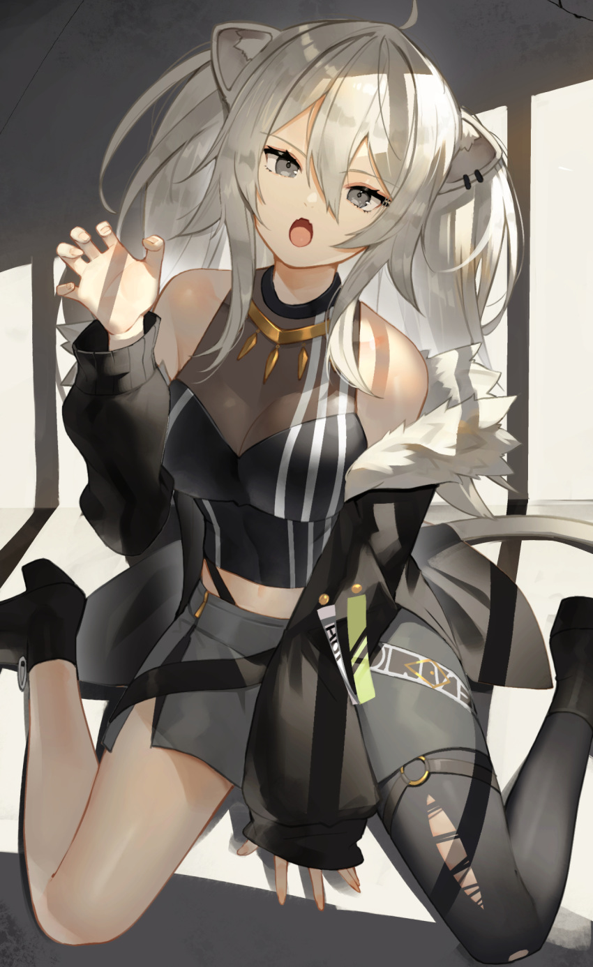1girl ahoge animal_ear_fluff animal_ears bare_shoulders blush breasts claw_pose commentary earrings eyebrows_visible_through_hair fangs fingernails fur-trimmed_jacket fur_trim grey_eyes grey_hair hair_between_eyes highres hololive jacket jewelry large_breasts lion_ears lion_girl long_hair looking_at_viewer necklace open_mouth shirt shishiro_botan single_leg_pantyhose sitting skin_fangs skirt sleeveless sleeveless_shirt solo sukocchi virtual_youtuber wariza