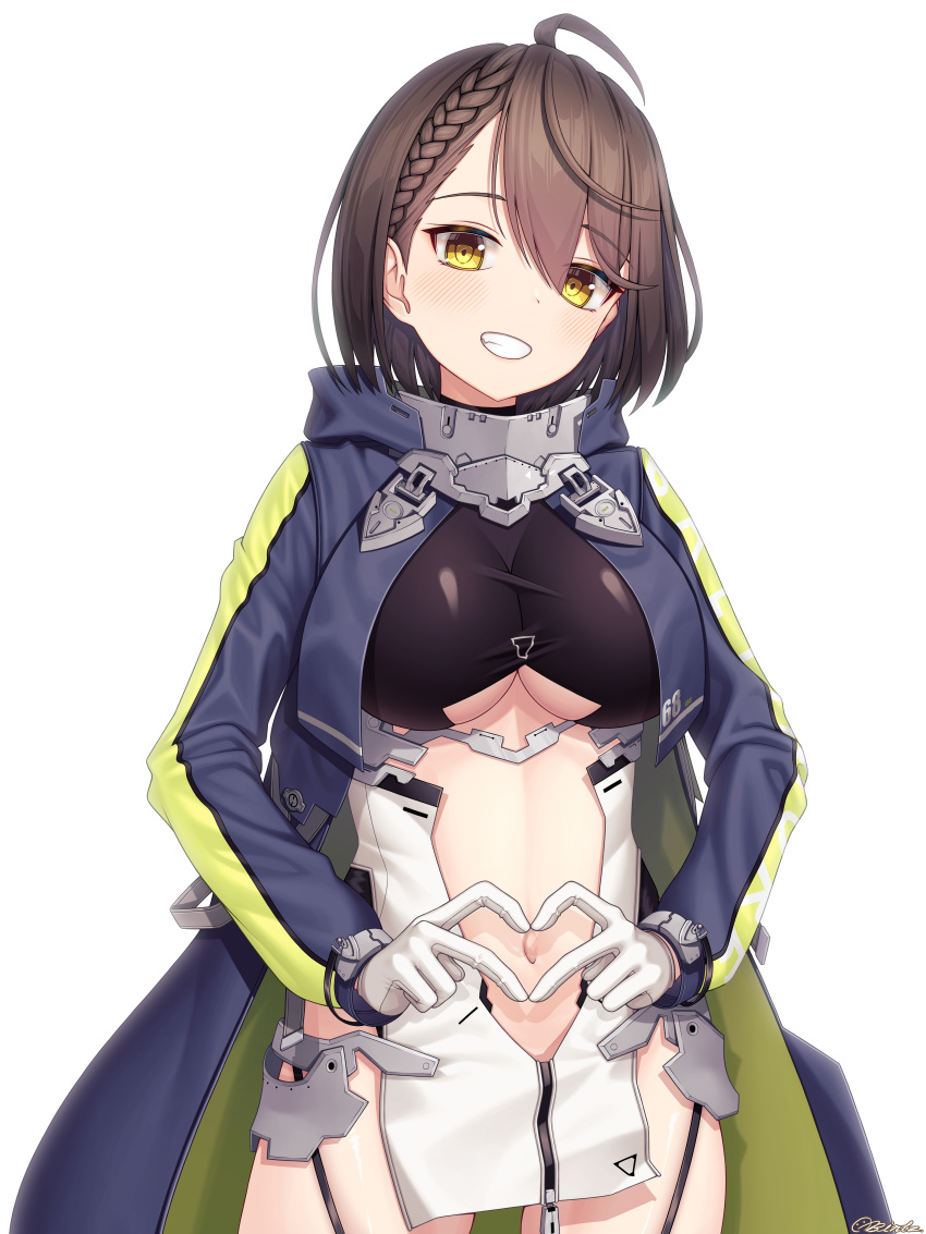 1girl absurdres ahoge azur_lane baltimore_(azur_lane) bangs bintz black_leotard blue_coat blush braid breasts brown_hair center_opening coat commentary cowboy_shot eyebrows_visible_through_hair faulds french_braid garter_straps gloves grin hair_between_eyes head_tilt heart heart_hands highres hood hood_down hooded_coat large_breasts leotard long_sleeves looking_at_viewer multicolored_coat navel navel_cutout open_clothes open_coat pelvic_curtain shadow shiny shiny_clothes short_hair side_slit sidelocks signature simple_background smile solo standing taut_clothes under_boob underboob_cutout white_background white_gloves yellow_eyes zipper zipper_pull_tab