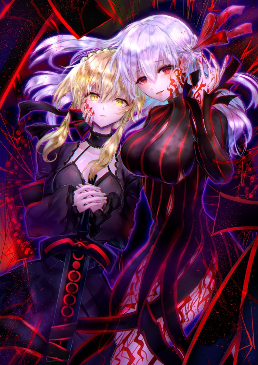 2girls artoria_pendragon_(all) bangs blonde_hair body_markings braid breasts choker closed_mouth crown_braid dark_persona dark_sakura dress dress_of_heaven empty_eyes excalibur_morgan fate/stay_night fate_(series) fingernails floating_hair frown hair_between_eyes hair_ribbon halter_dress halterneck hand_on_another's_cheek hand_on_another's_face heaven's_feel highres large_breasts long_hair long_sleeves looking_at_viewer matou_sakura multiple_girls nail_polish open_mouth purple_dress red_eyes red_nails red_ribbon ribbon saber_alter shrug_(clothing) sleeves_past_wrists striped striped_dress sword tsukigime_(fool_ehle) turtleneck vertical-striped_dress vertical_stripes weapon white_hair yellow_eyes