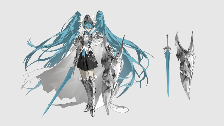 1girl aqua_eyes aqua_hair armor armored_boots boots breastplate cape gauntlets grey_background hatsune_miku highres holding holding_shield holding_sword holding_weapon knight long_hair nine_(liuyuhao1992) plate_armor serious shield shoulder_armor skirt solo sword twintails very_long_hair visor_(armor) vocaloid weapon