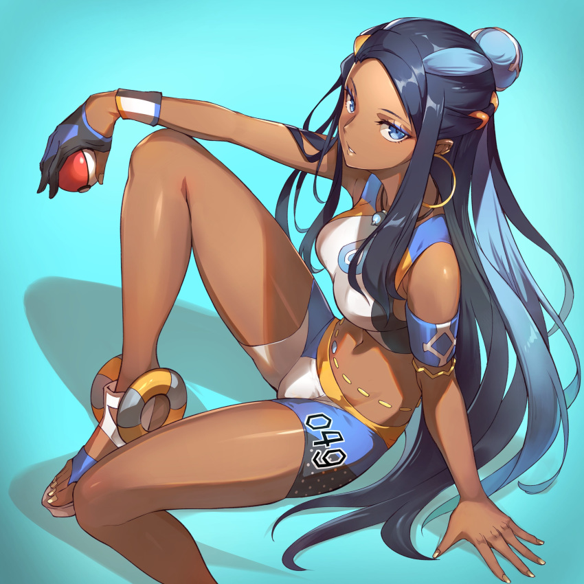 1girl absurdres arm_on_knee arm_support armlet armpit_crease belly_chain bike_shorts black_gloves black_hair blue_background blue_eyes blue_eyeshadow blue_hair braid breasts commentary dark_skin dark-skinned_female ear_piercing earrings eyelashes eyeliner eyeshadow fingernails forehead french_braid gloves gym_leader hair_bun half_gloves highres holding holding_poke_ball hoop_earrings innertube jewelry knee_up long_hair looking_at_viewer makeup medium_breasts midriff multicolored_hair navel necklace nessa_(pokemon) nr_noir number parted_lips partially_fingerless_gloves piercing poke_ball poke_ball_(basic) pokemon pokemon_(game) pokemon_swsh sandals shadow shiny shiny_hair shiny_skin shorts sidelocks simple_background single_glove sitting solo swimsuit tankini teeth toenails two-tone_hair very_long_hair wristband