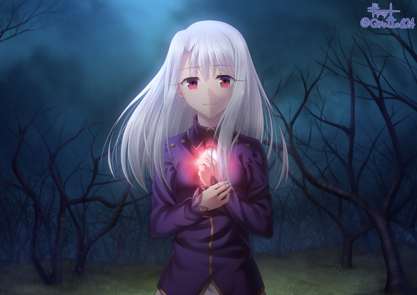 1girl ascot bangs closed_mouth clouds cloudy_sky collared_shirt dress_shirt eyebrows_visible_through_hair eyelashes fate/stay_night fate_(series) floating_hair gyatto624 hair_between_eyes highres illyasviel_von_einzbern long_hair long_sleeves looking_at_viewer outdoors pleated_skirt purple_shirt red_eyes red_neckwear shirt silver_hair skirt sky smile solo standing straight_hair twitter_username upper_body white_skirt wing_collar