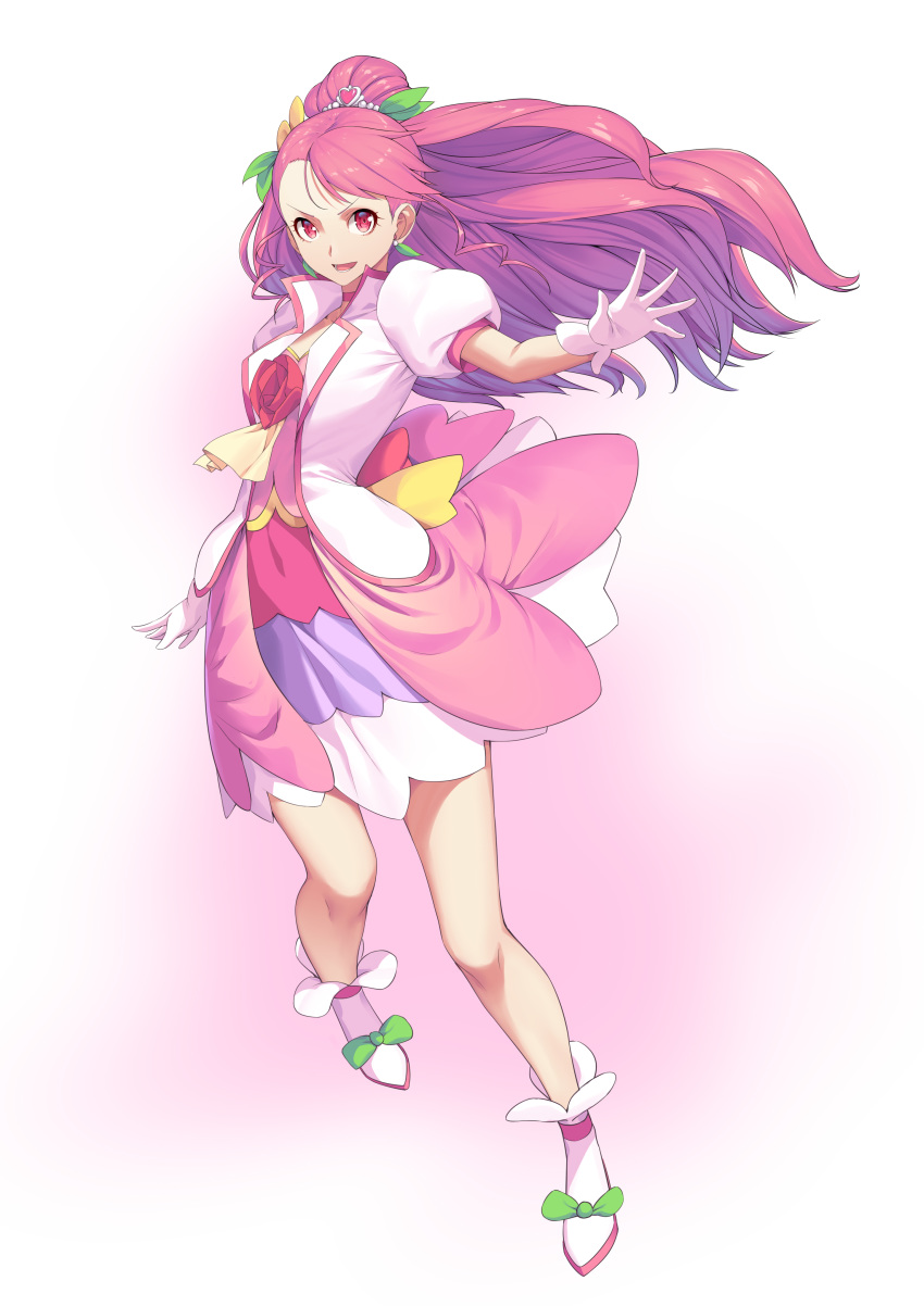 1girl :d absurdres bangs bow cure_grace dress floating_hair flower full_body gloves green_bow hair_ornament healin'_good_precure highres huai_diao_de_zongzi layered_dress long_hair open_mouth pink_hair precure red_eyes shiny shiny_hair short_dress short_sleeves smile solo swept_bangs tied_hair very_long_hair white_background white_flower white_gloves