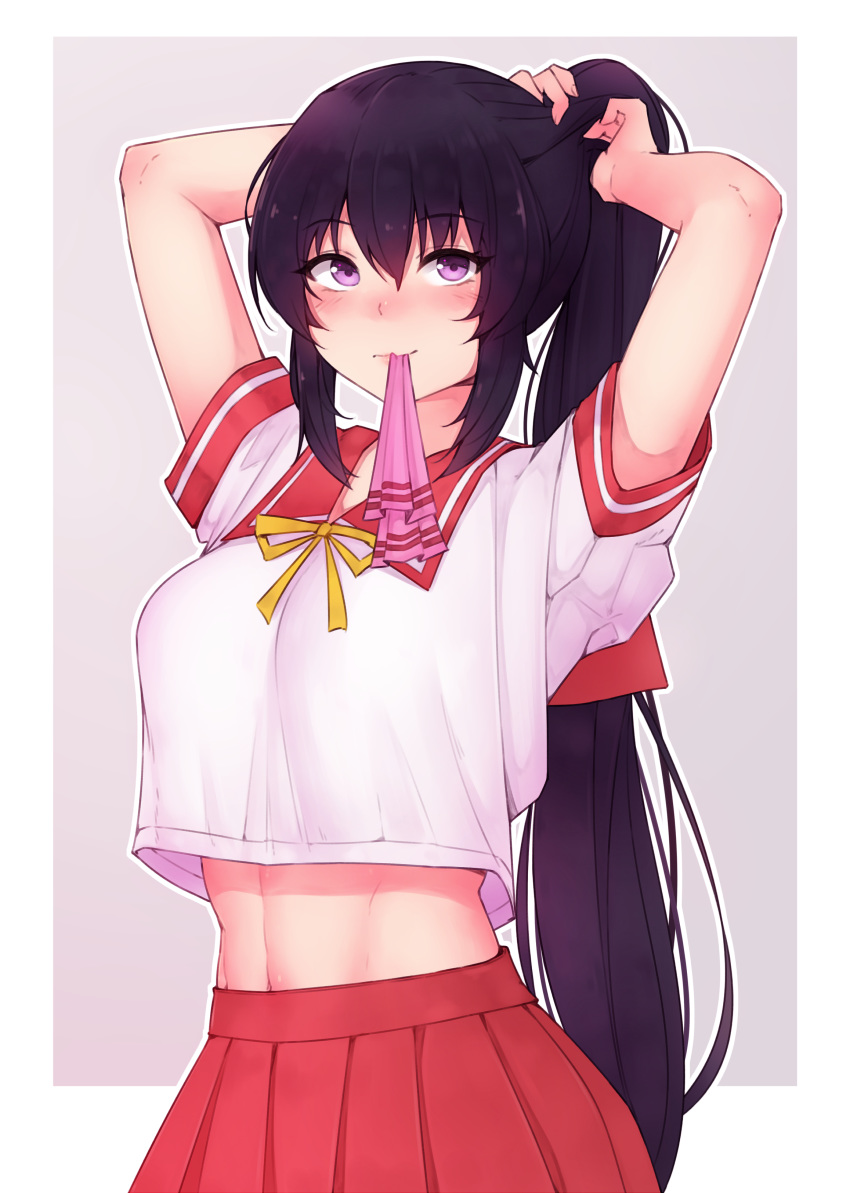 1girl absurdres arms_up bangs bare_arms black_hair bluefield blush breasts crop_top crop_top_overhang english_commentary grey_background highres holding holding_hair large_breasts long_hair looking_at_viewer midriff mouth_hold noihara_himari nose_blush omamori_himari outline pleated_skirt ponytail red_skirt ribbon ribbon_in_mouth school_uniform serafuku short_sleeves sidelocks skirt smile solo toned tying_hair upper_body very_long_hair violet_eyes white_outline