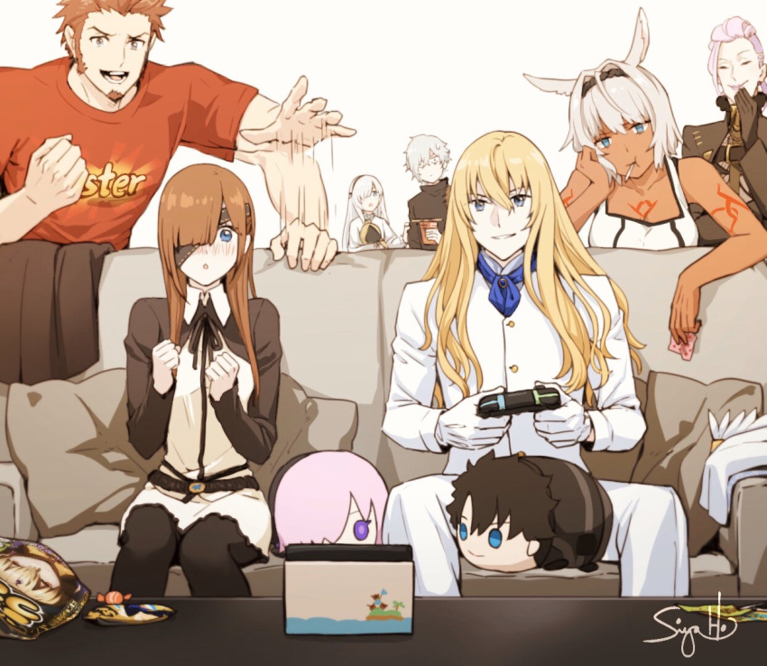 4girls 5boys anastasia_(fate/grand_order) animal_ears blonde_hair blush brown_hair buster_shirt caenis_(fate) candy character_doll couch dark_skin eyepatch facial_hair fate/grand_order fate_(series) food fujimaru_ritsuka_(male) gloves goatee kadoc_zemlupus kirschtaria_wodime lollipop long_hair mash_kyrielight multiple_boys multiple_girls napoleon_bonaparte_(fate/grand_order) nintendo_switch ophelia_phamrsolone pantyhose pink_hair playing_games scandinavia_peperoncino signature siya_ho viy white_background white_gloves white_hair