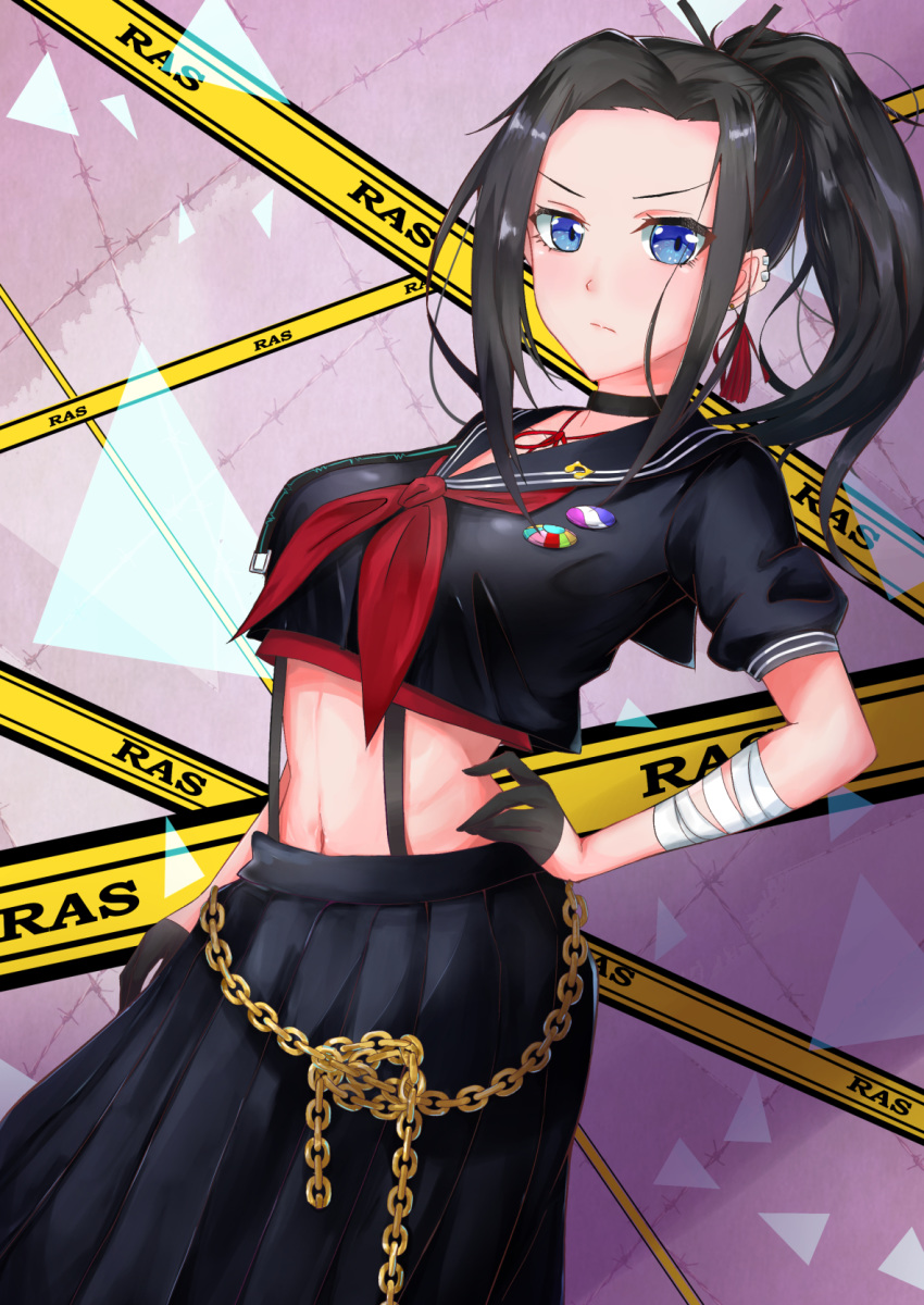 1girl :/ badge bandaged_arm bandages bang_dream! bangs black_choker black_gloves black_hair black_sailor_collar black_serafuku black_shirt blue_eyes blush breasts button_badge chain choker commentary cowboy_shot crop_top ear_piercing earrings forehead gloves gold_chain groin group_name hair_ribbon half_gloves hand_on_hip highres jewelry large_breasts long_hair long_skirt looking_at_viewer midriff navel neckerchief parted_bangs piercing pleated_skirt ponytail purple_background red_neckwear rettou_joutou_(vocaloid) ribbon sailor_collar school_uniform serafuku shirt short_sleeves sidelocks skirt solo standing suspender_skirt suspenders tassel tassel_earrings tennohonou wakana_rei