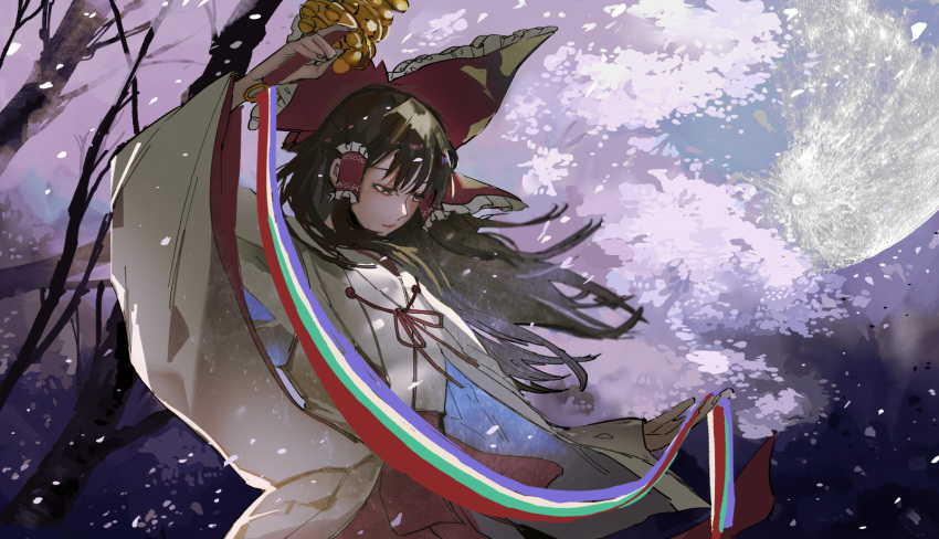 1girl alternate_costume arm_up bangs bell black_hair bow brown_eyes brown_hair cherry_blossoms closed_mouth commentary_request cowboy_shot expressionless floating_hair frilled_bow frills full_moon hair_bow hair_tubes hakama hakurei_reimu half-closed_eyes highres holding holding_instrument instrument japanese_clothes jingle_bell kagura_suzu kaoru_(alicemakoto) kimono large_bow long_hair long_sleeves miko moon multicolored multicolored_ribbon neck_ribbon night outstretched_hand petals red_bow red_hakama red_ribbon ribbon sidelocks solo touhou tree white_kimono wide_sleeves wind