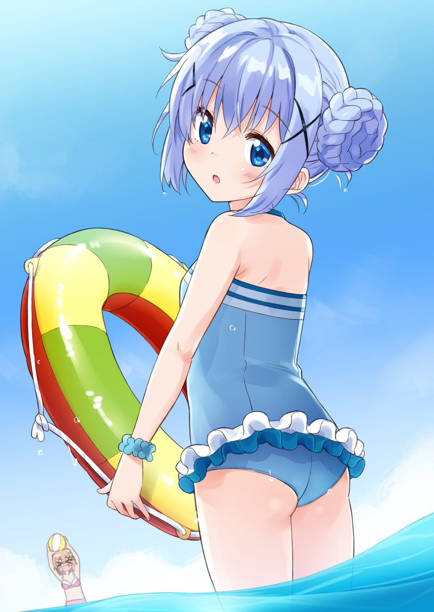 &gt;_&lt; 2girls :d absurdres arms_up ass ball bangs bare_shoulders beachball bikini blue_eyes blue_hair blue_sky blue_swimsuit blush braid casual_one-piece_swimsuit closed_eyes commentary_request day double_bun eyebrows_visible_through_hair frilled_swimsuit frills from_behind gochuumon_wa_usagi_desu_ka? hair_between_eyes hair_ornament highres holding holding_ball hoto_cocoa innertube kafuu_chino looking_at_viewer looking_back mousou_(mousou_temporary) multiple_girls one-piece_swimsuit open_mouth outdoors pink_bikini sidelocks sky smile solo_focus standing swimsuit wading water x_hair_ornament xd