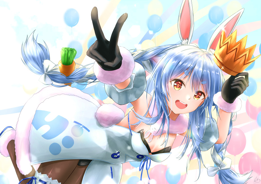 1girl absurdres animal_ears bangs black_gloves black_leotard blue_hair braid bunny_girl bunnysuit carrot_hair_ornament commentary_request daidai_(daidai826) don-chan_(hololive) eyebrows_visible_through_hair food_themed_hair_ornament fur-trimmed_gloves fur-trimmed_jacket fur_trim gloves hair_between_eyes hair_ornament highres holding_crown hololive huge_filesize jacket leotard long_hair looking_at_viewer open_mouth pantyhose rabbit_ears red_eyes shiny shiny_hair sidelocks sleeveless solo strapless thick_eyebrows thigh_strap twin_braids usada_pekora v virtual_youtuber white_hair white_jacket