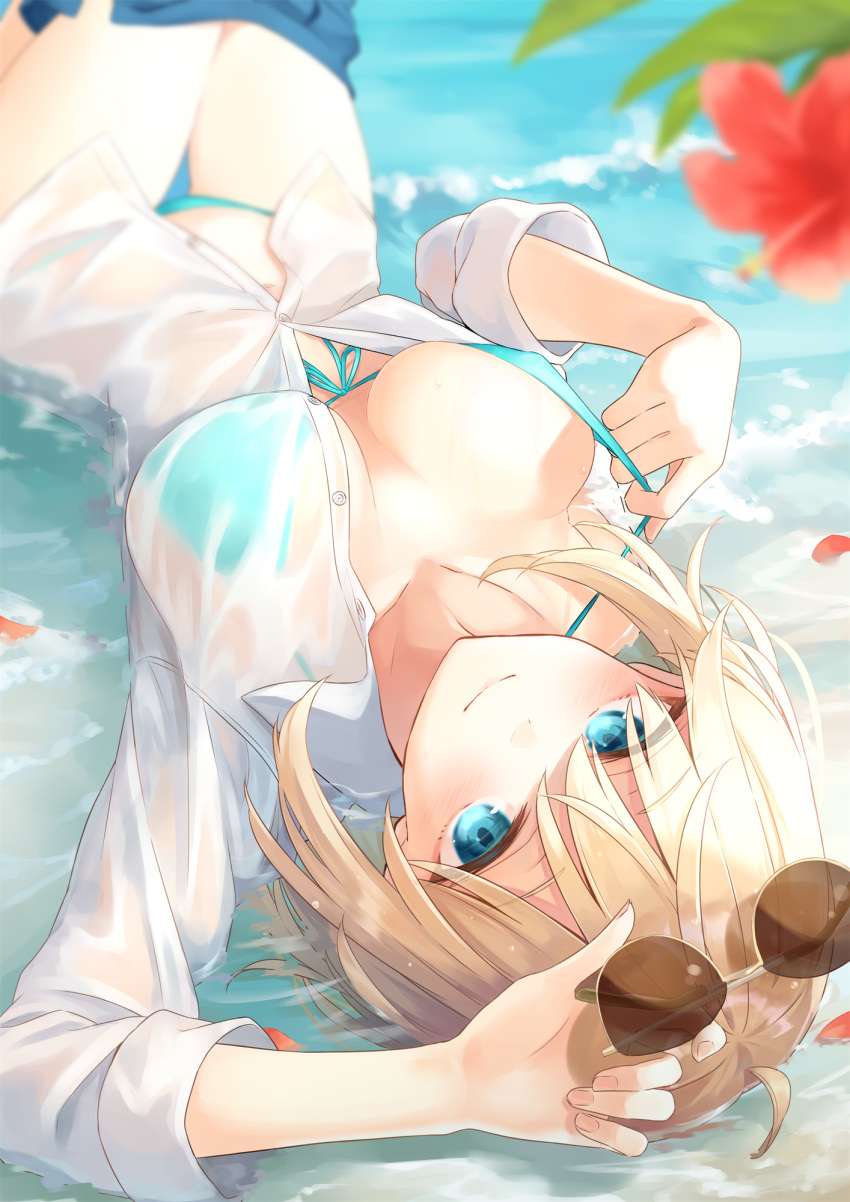 1girl ahoge arm_up azuuru bare_shoulders bikini bikini_under_clothes blonde_hair blue_bikini blue_eyes blurry breasts buttons collarbone day depth_of_field dress_shirt eyewear_removed flower front-tie_bikini front-tie_top hand_up hibiscus highres holding large_breasts long_hair looking_at_viewer lying off_shoulder on_back original outdoors partially_unbuttoned red_flower see-through shirt smile solo strap_pull string_bikini sunglasses swimsuit thighs upside-down water wet wet_clothes wet_shirt white_shirt