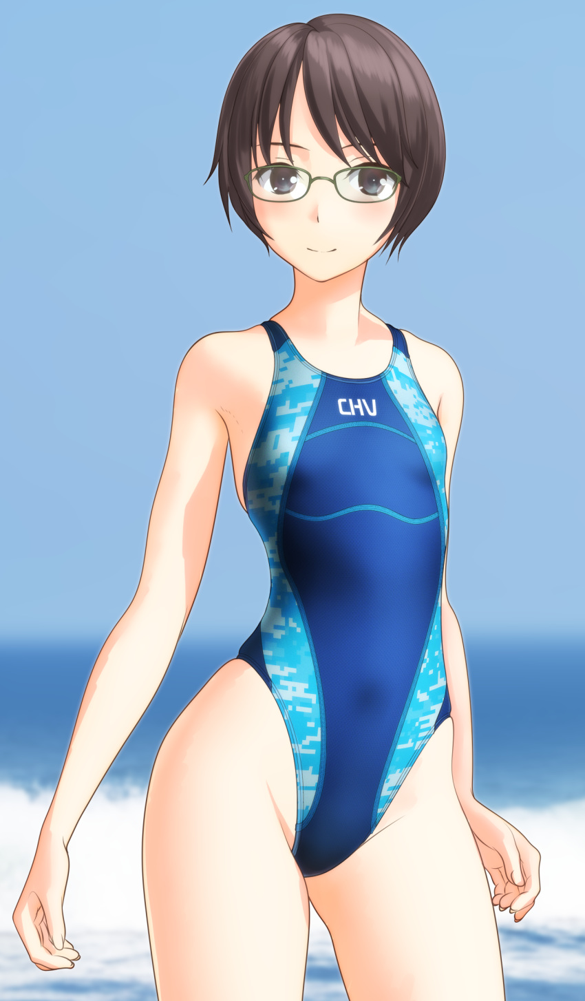 1girl black_eyes black_hair blue_swimsuit blurry breasts clothes_writing commentary_request competition_swimsuit cowboy_shot depth_of_field glasses highleg highleg_swimsuit highres horizon looking_at_viewer ocean one-piece_swimsuit original short_hair small_breasts solo standing swimsuit takafumi waves